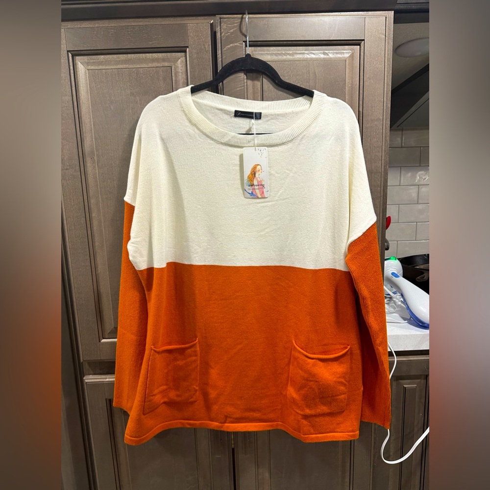 Women’s Sweater from Pretty Garden, super soft, orange and cream, size L…